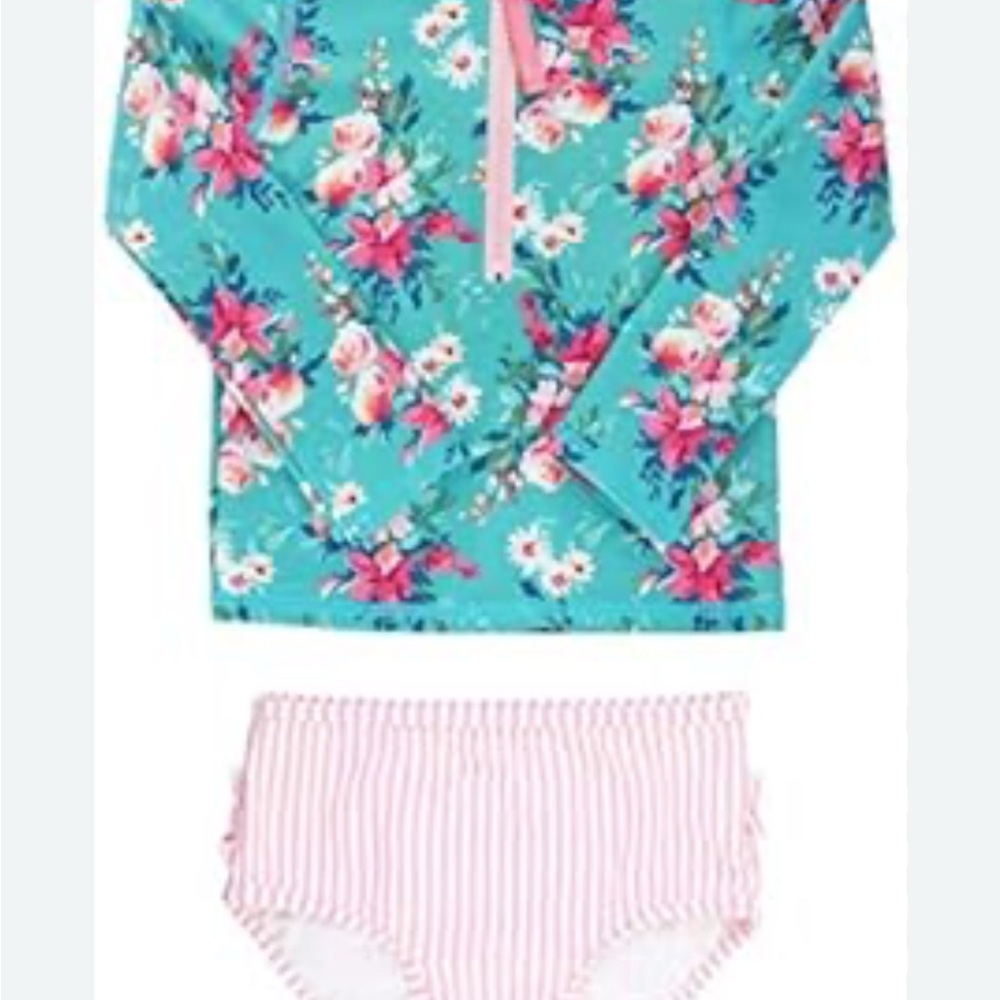 Ruffle Butts Blue and Pink Rashguard Swim Set